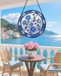 Stained Glass Window Hanging, Blue and White Plum Blossom Sun Catcher for Door Home Decor Flowers Suncatcher Christmas Mother's Day Birthday Gifts for Women Men Mom and Nana 6.3 in