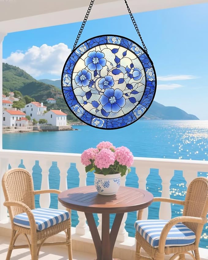 Stained Glass Window Hanging, Blue and White Plum Blossom Sun Catcher for Door Home Decor Flowers Suncatcher Christmas Mother's Day Birthday Gifts for Women Men Mom and Nana 6.3 in