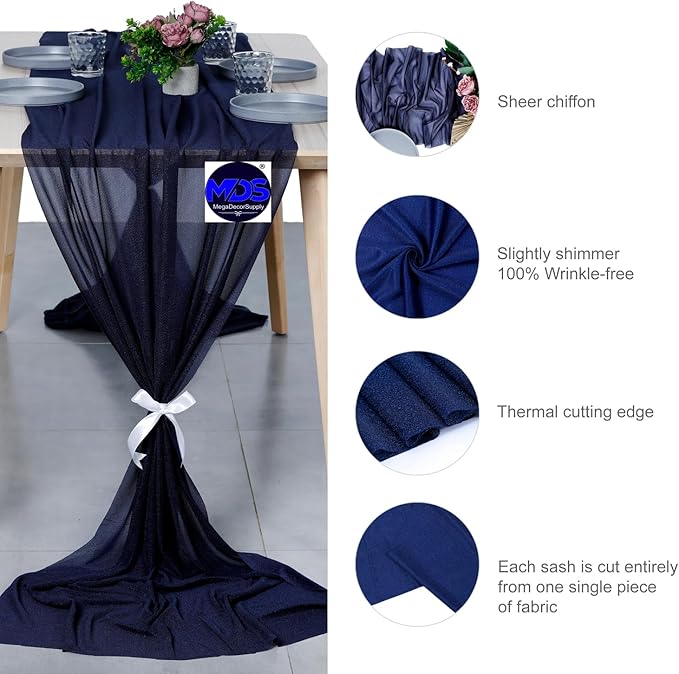 MDS 5 Pack 10ft Chiffon Table Runner 29 x 120 Inches Sheer Wedding Runner Romantic Rustic Table Runner for Wedding Decorations, Birthday Parties, Bridal Shower Party Arch Decor - Navy Blue