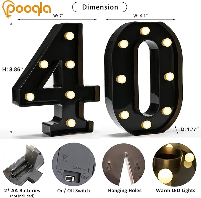 Pooqla Decorative Led Light Up Number Letters, Black Plastic Marquee Number Lights Sign for 40th Birthday Party Wedding Decor Battery Operated Black Number 40