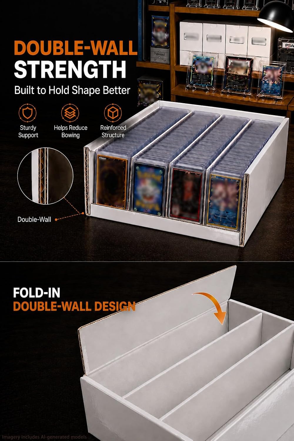 4 row toploader trading card storage box with, close-up detail