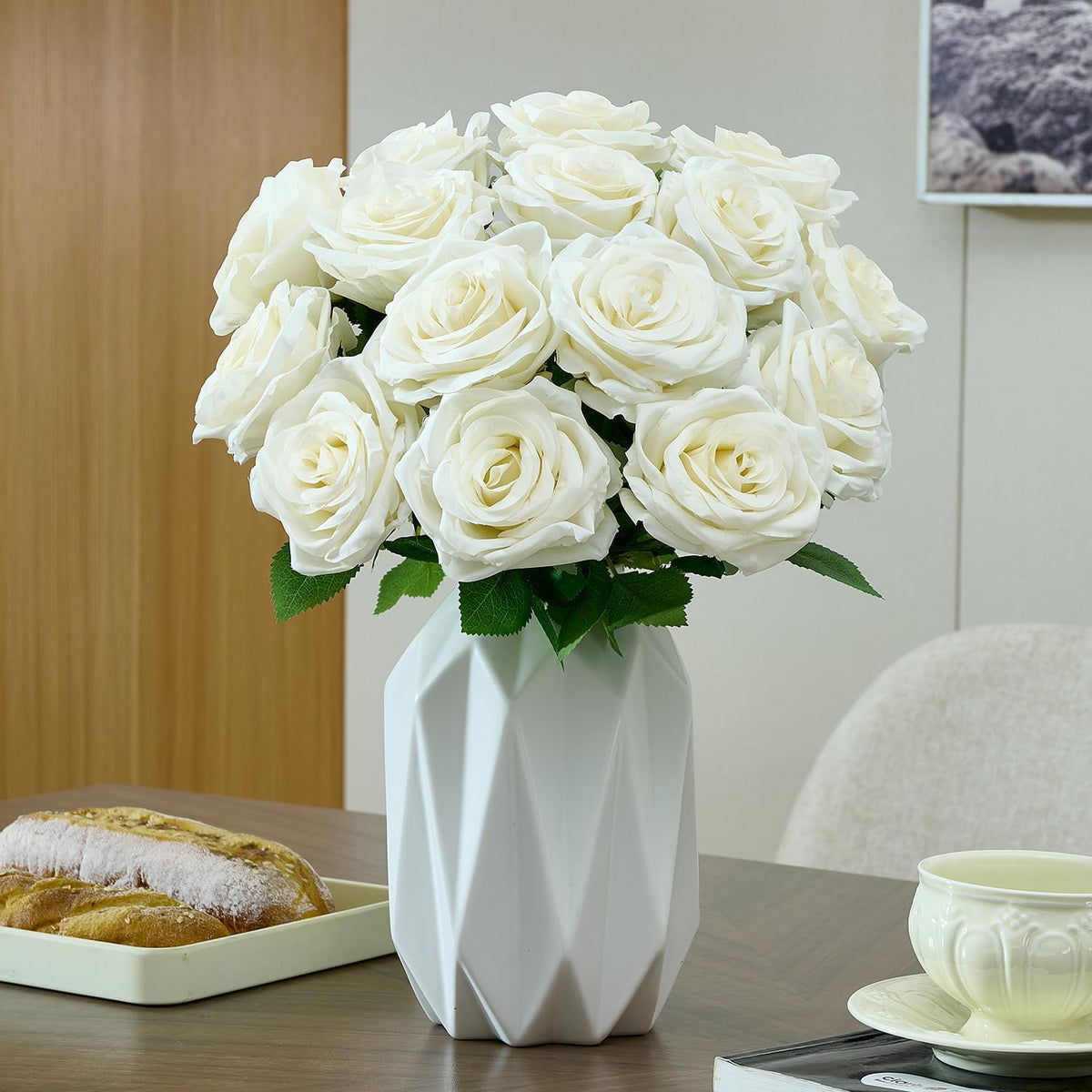 white rose artificial flowers bulk, ivory silk fake, close-up detail