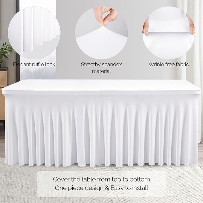 6 Pack White Spandex Table Clothes for 8 Foot Rectangle Tables, 8FT Wrinkle Free Fitted Tablecloths Ruffles Design Table Cover for Party, Banquet, Wedding and Events