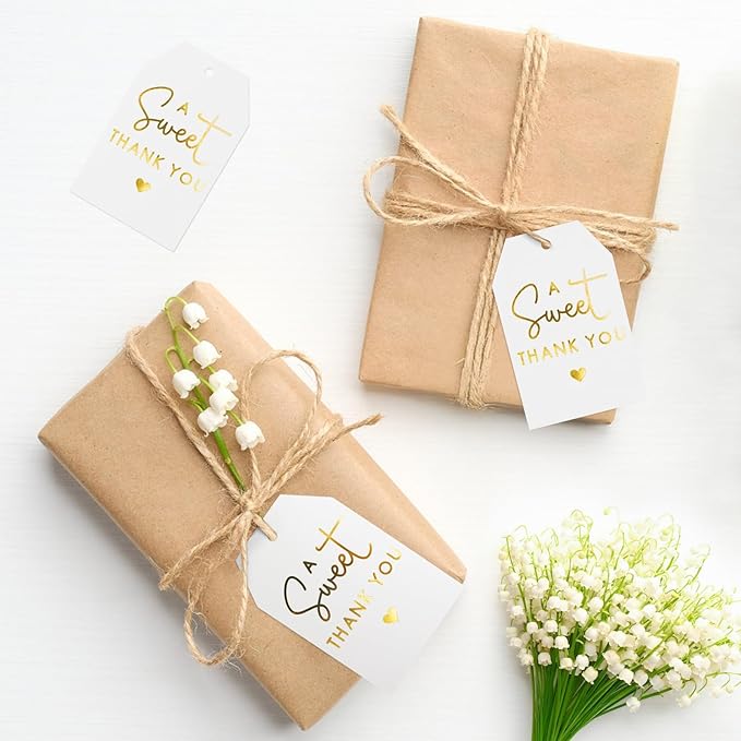 A Sweet Thank You Tags, joycraft 50Pcs Gold Thank You Gift Tags with String, 3x2 in White Kraft Paper Gift Tags, Sweet Thank You Tags for Wedding, Baby Shower, Birthday, Anniversary, Gift Wrap