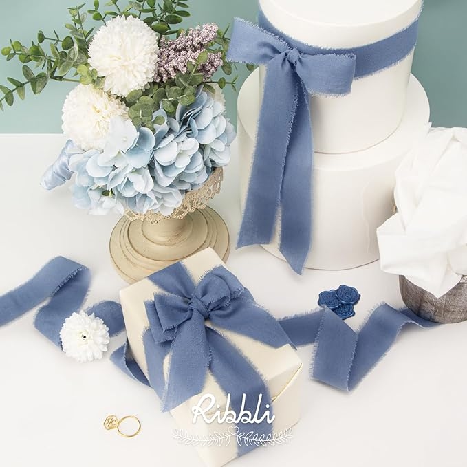 Ribbli 3 Rolls Dusty Blue Ribbon 1.5 Inch x 18Yards Handmade Cotton Frayed Fringe Ribbons for Gift Wrapping Wedding Invites Bridal Bouquets Baby Shower DIY Crafts Home Decor