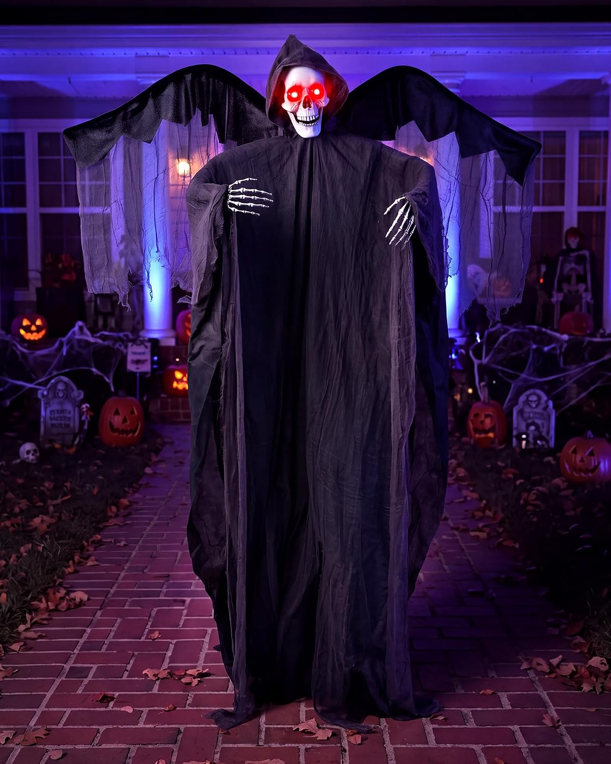 74'' Sound Activated Animatronics Skeleton, Outdoor Halloween Skeleto...