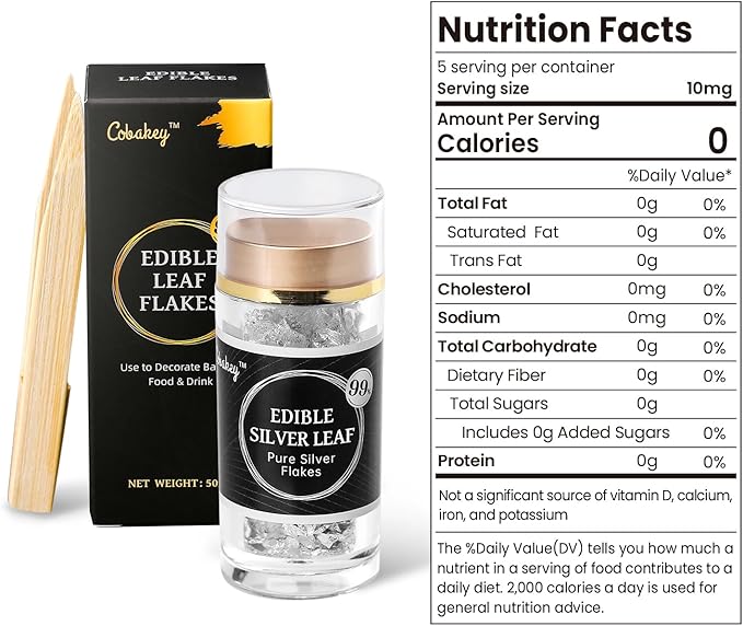 Cobakey Edible Silver Leaf - 50mg Silver Flakes for Cake Decoration (Cupcake, Chocolate, Steak, Drink & Cooking), Edible PureSilver with Edible Glitter & Wooden Tweezers