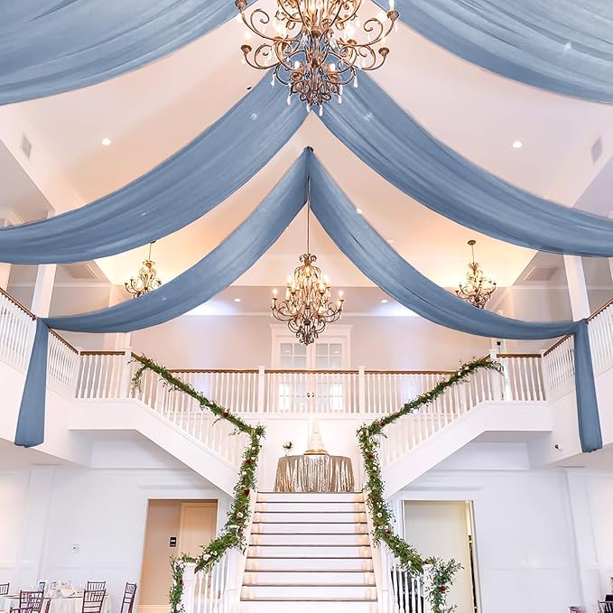 6 Panels Dusty Blue Ceiling Drapes for Wedding 5ftx20ft Chiffon Fabric Arch Draping Curtains Sheer Drapery for Party Ceremony Birthday Baby Shower Reception Stage Swag Ceiling Decorations
