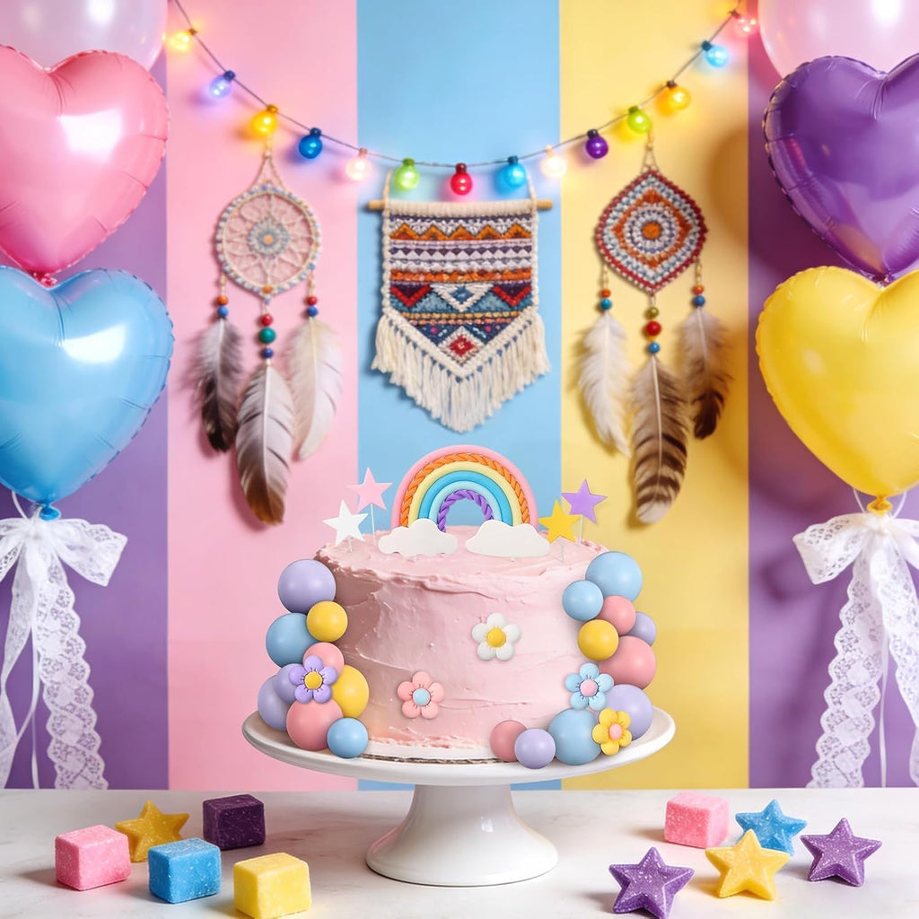 32 Pcs Rainbow Cake Topper with Flower Star Cupcake Toppers Pastel Balls Cake Topper, Boho Groovy Cake Decorations for Birthday Wedding Party