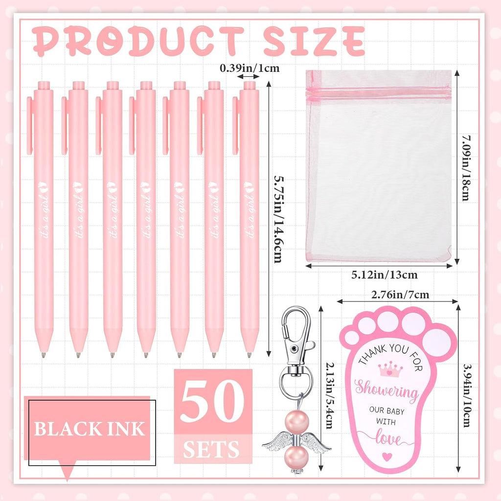 Ctosree 250 Pcs Baby Shower Favors Includes Ballpoint Pens Angel Keychains Organza Bags Thank You Cards for Guest Gifts Baby Shower Gender Reveal Party(Pink,It's a Girl)