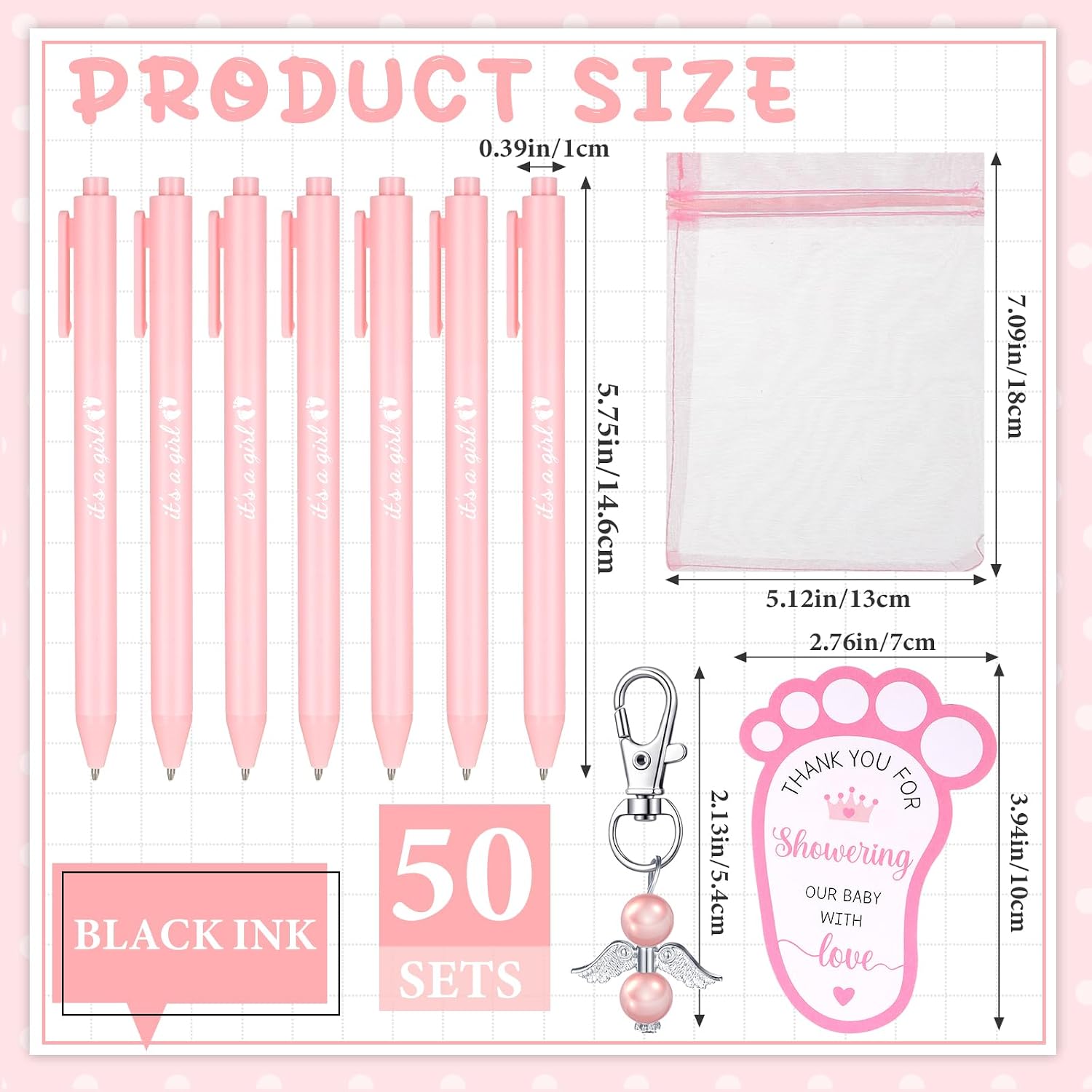 Ctosree 250 Pcs Baby Shower Favors Includes Ballpoint Pens Angel Keychains Organza Bags Thank You Cards for Guest Gifts Baby Shower Gender Reveal Party(Pink,It's a Girl)