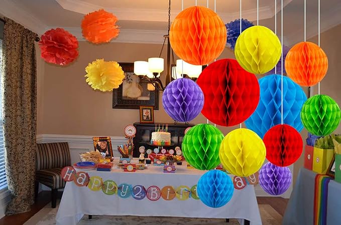 ZOOYOO 12Pcs 6" 10" Honeycomb Balls Decorations Hanging Tissue Paper Pom poms for Birthday Wedding Engagement Holidays Home Decor Fiesta Mexican Party(Rainbow)