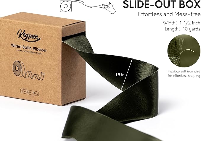 Moss Green Satin Ribbon Double-Faced Wired Ribbons for Gift Wrapping Flower Bouquet Bows Wedding Invitation Christmas Decor Crafts 1-1/2 Inch 10 Yards