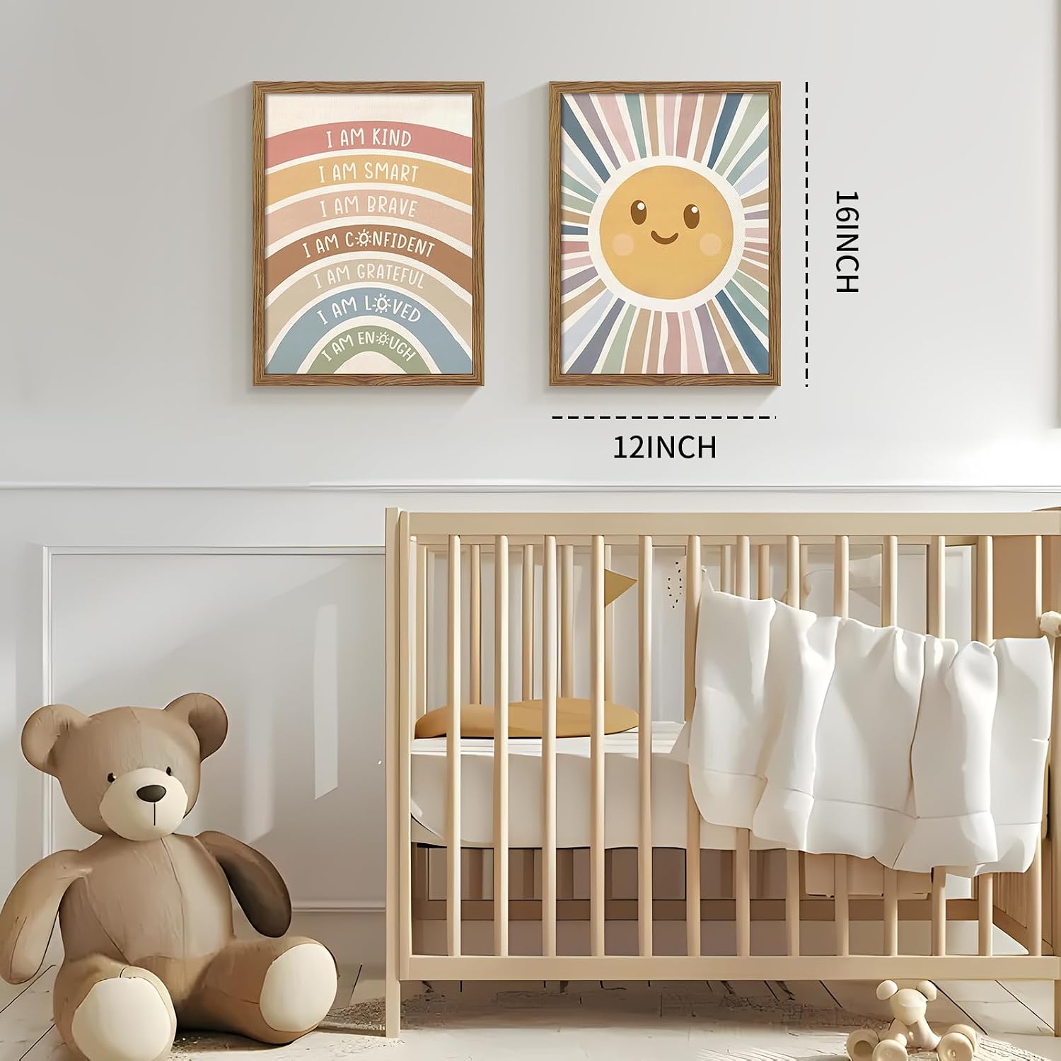 2 Piece Framed Boho Rainbow Kids Room Wall Art 12x16 Inch | Positive Affirmations Playroom Wall Decor, Sun Smiley Face Nursery Painting Canvas Prints for Classroom Toddler Room Decor