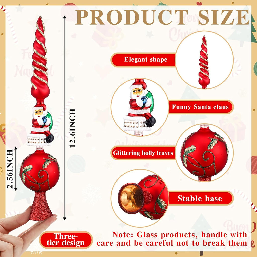 Sosation Glass Santa Claus Design Treetop 3 Tier Retro Glass Finial Tree Topper Vintage Spherical Christmas Tree Toppers Ornaments with Carved Pattern Unique Xmas Treetopper for Home Decoration, 13''