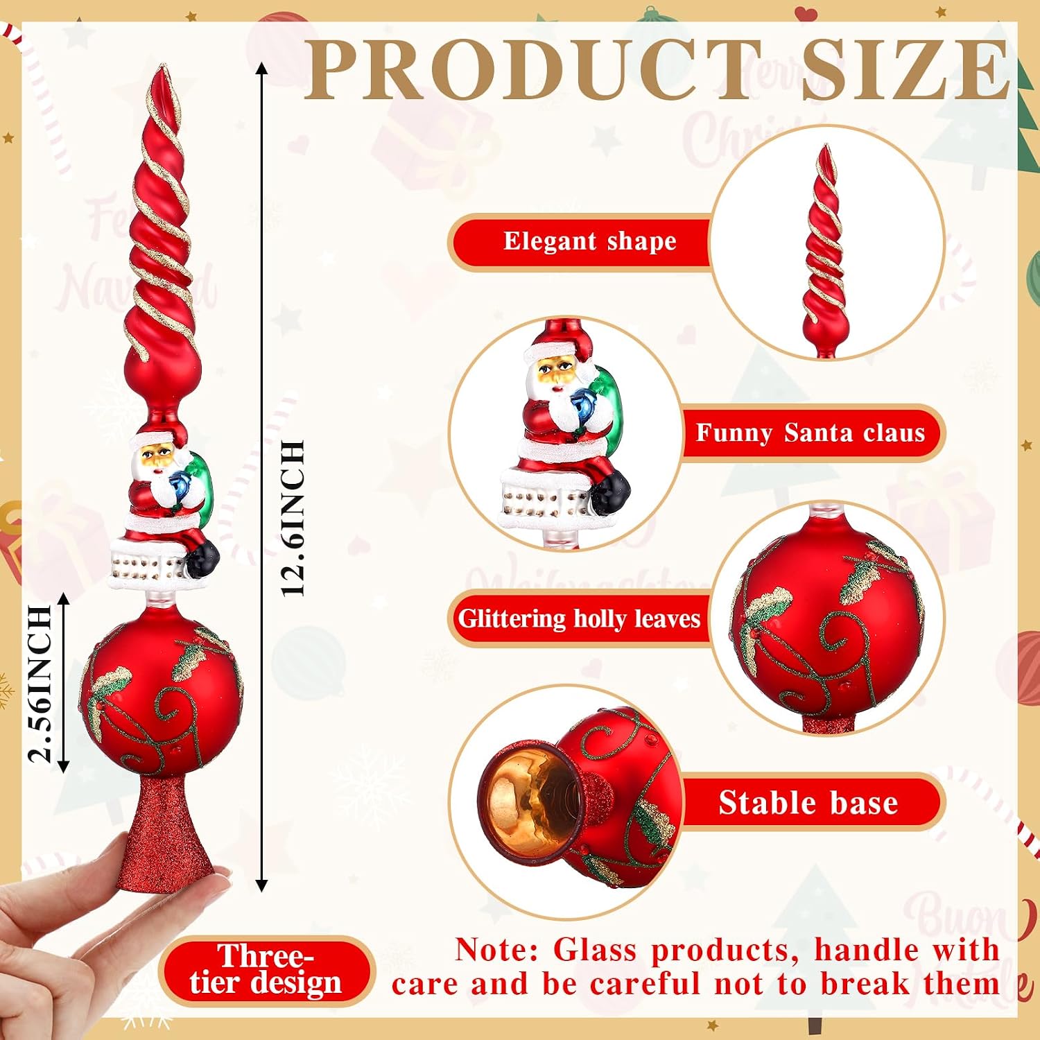 Sosation Glass Santa Claus Design Treetop 3 Tier Retro Glass Finial Tree Topper Vintage Spherical Christmas Tree Toppers Ornaments with Carved Pattern Unique Xmas Treetopper for Home Decoration, 13''
