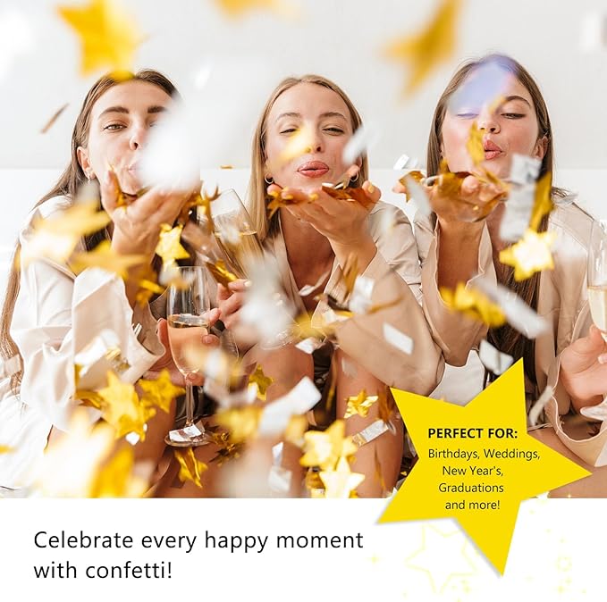 6 Pack Gold Silver Star Confetti Poppers, 12 Inch Confetti Cannon Party Poppers Shooters for Birthday, Wedding, Graduation, Anniversary, Parties, Christmas, New Year's Eve