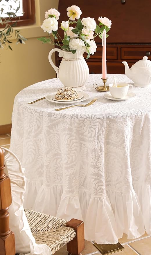 patdrea Vintage Ruffle Tablecloth for Round Tables,Farmhouse Embroidered Cotton White Lace Table Cloth Cover Decor for Dining Room Wedding Banquet Thanksgiving Christmas,Dimaeter 59"