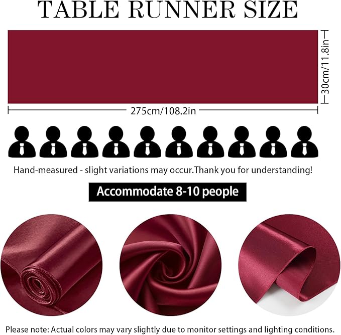 SHEJIZE 2 Pack Wine Red Satin Table Runner 12x108 Inches Long, Bright Silky Smooth Satin Table Runner Table Decor for Wedding Banquet Christmas Prom Event Birthday Party