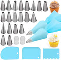 Silicone Icing Piping Bag,Reusable Cream Pastry Bag and 20× Stainless Steel Nozzle Set DIY Cake Decorating Tool(20×Nozzle, 2×Icing Cream Pastry Bag and 2 X Converter and 3×Scraper)