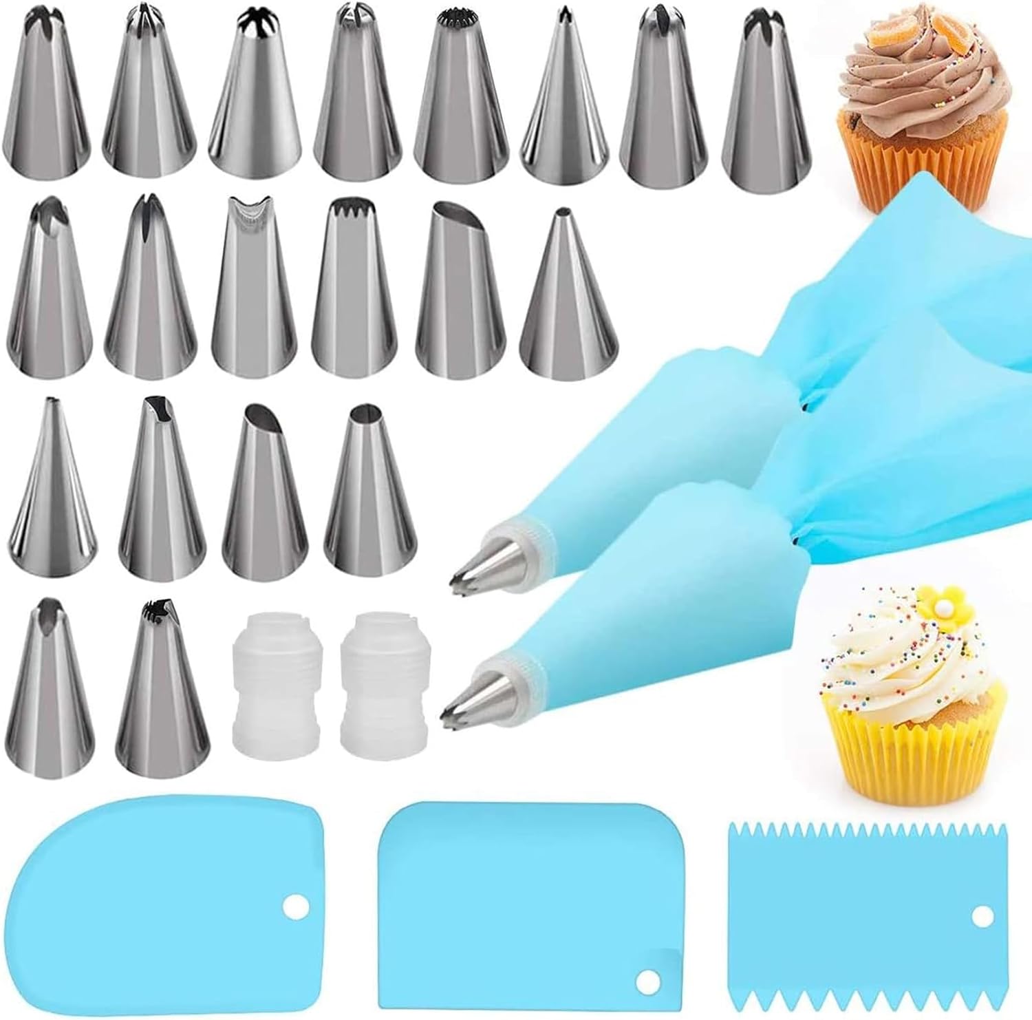 Silicone Icing Piping Bag,Reusable Cream Pastry Bag and 20× Stainless Steel Nozzle Set DIY Cake Decorating Tool(20×Nozzle, 2×Icing Cream Pastry Bag and 2 X Converter and 3×Scraper)