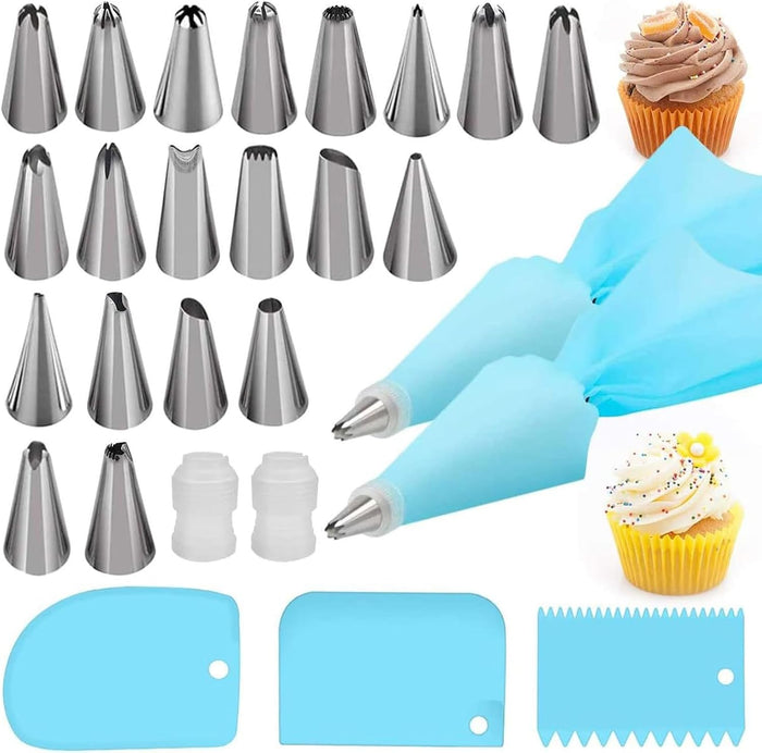 Silicone Icing Piping Bag,Reusable Cream Pastry Bag and 20× Stainless Steel Nozzle Set DIY Cake Decorating Tool(20×Nozzle, 2×Icing Cream Pastry Bag and 2 X Converter and 3×Scraper)