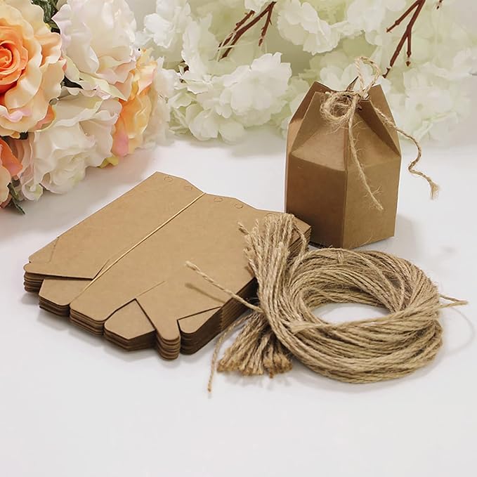 Zontween 50 Pack Hexagon Paper Box With Twines Kraft Paper Hexagon Boxes With Twice Candy Favor Present Boxes For Wedding Birthday Brown