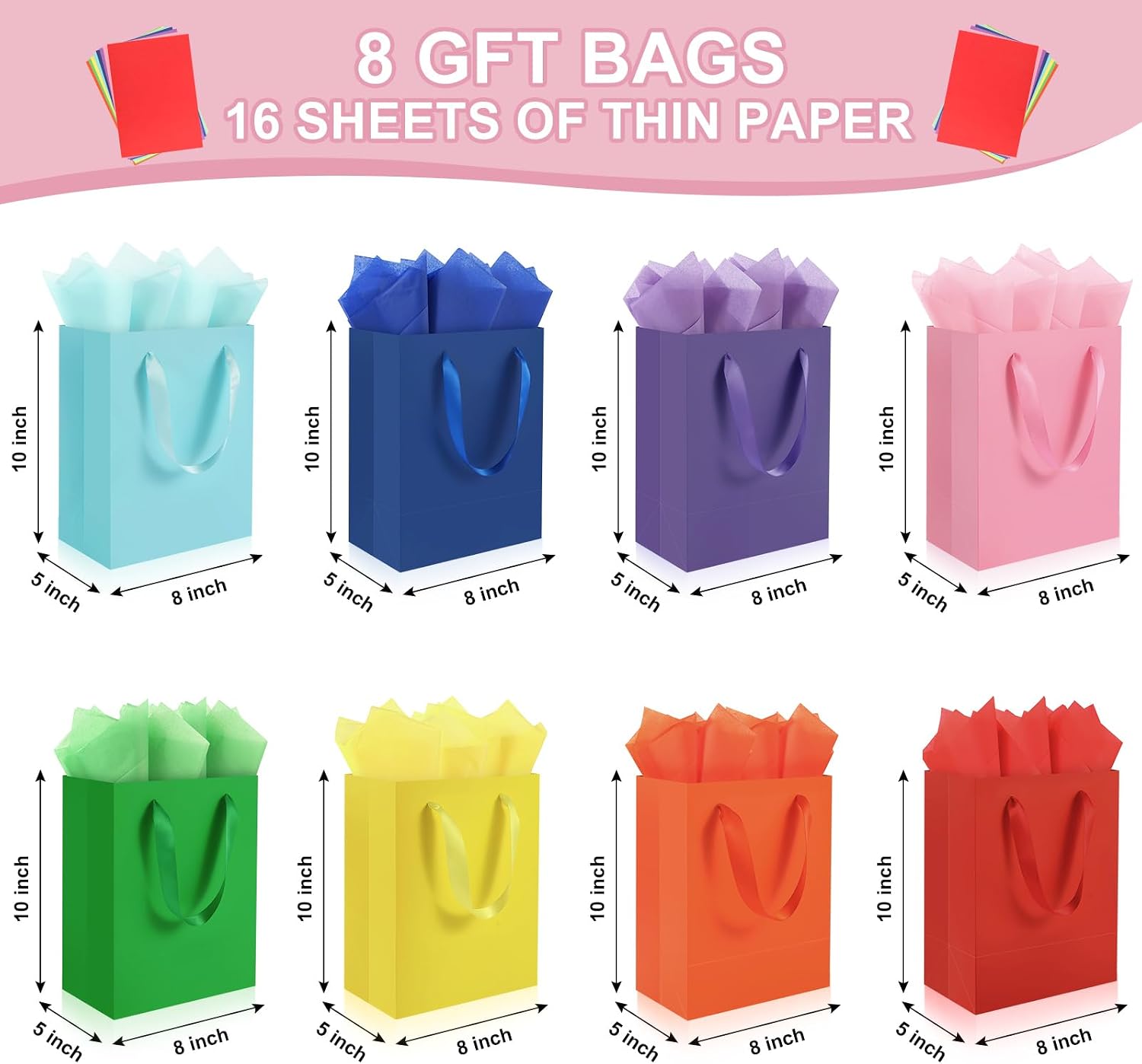 Epoesch 4 Pack Medium Gift Bags With Handles and 8 Tissue Paper, Size 8 X 5 X10 Inch Paper Bags for Birthday Party Baby Shower Wedding Favors or Mother's Day, Father's Day