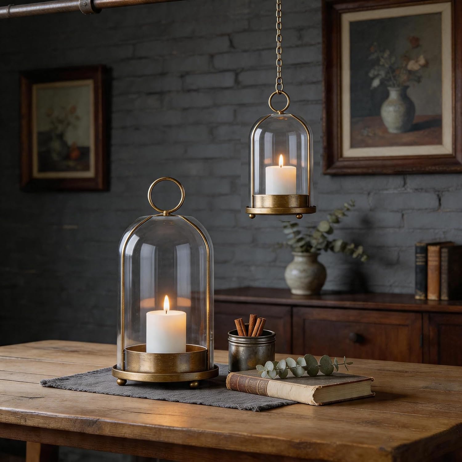 Hurricane Bell Jar Candle Holder Clear Dome Cover Holders with Iron Base Set of 2 Vintage Pillar Glass Candles Cloche for Tabletop Centerpieces or Hanging (1, Gold)