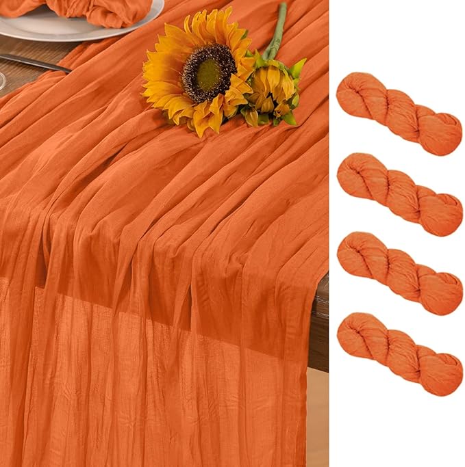 Orange Cheesecloth Table Runner 4 Pack Halloween Orange Table Runners Boho Gauze 120 Inches Cheese Cloth Fall Table Decorations for Thanksgiving Weddings Bridal Baby Shower Party Decor