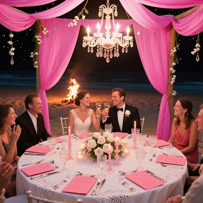 VOK Pink Wedding Arch Draping Fabric Chiffon Fabric, 29in x 18Ft 2 Panels Sheer Chiffon Outdoor Curtain for Wedding Ceremony Birthday Party Decoration (Fuchsia,2 Panel)