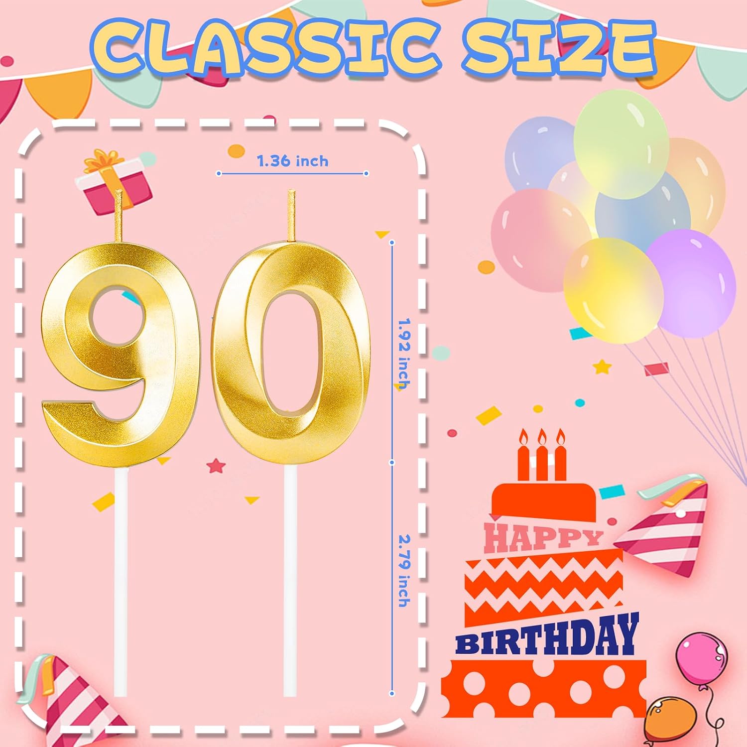 90th Birthday Candles for Cake,Gold Number Candles for Happy Birthday Cake Toppers,90 Birthday Decorations for Women Men Party Anniversary Wedding
