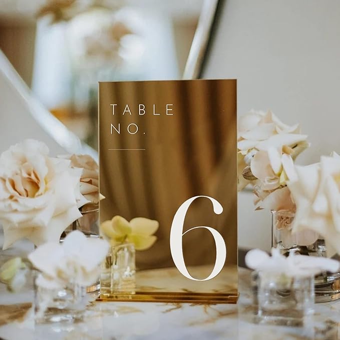 JINMURY Gold Wedding Table Numbers 1-25 with Stands, 5"x7" Gold Mirror Acrylic Table Numbers, Perfect for Wedding Reception, Party, Anniversary, Event