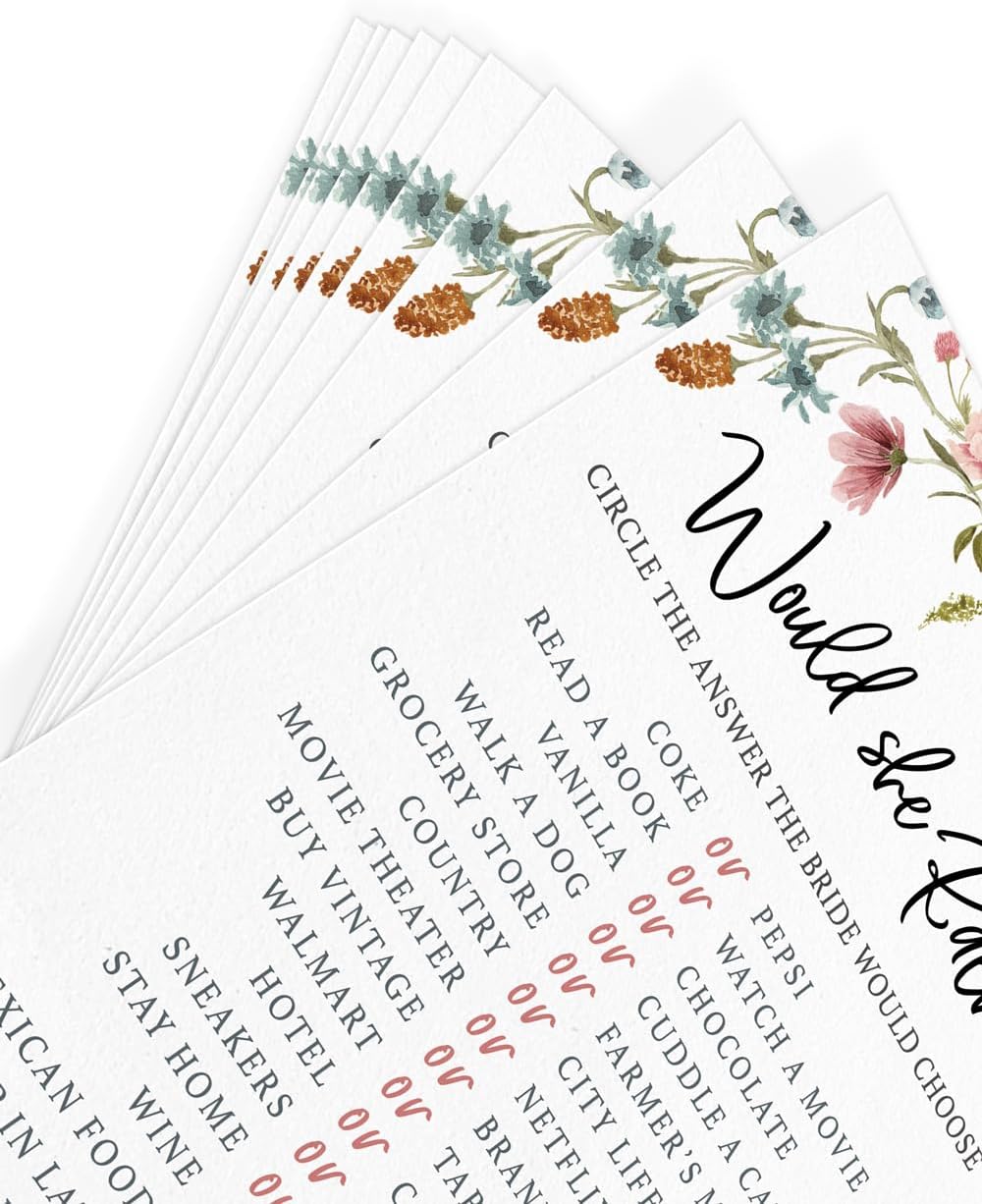 Printed Party Bridal Shower Game Set – 4 Fun Games and Activities for 30 Guests, Includes Bingo, He Said She Said, Bride & Groom Trivia, and Wedding Phrase Guessing Game, Love In Bloom Wildflower Design