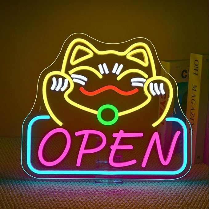 Ineonlife Lucky Cat Open Neon Sign Cute Cat Neon Signs for Wall Decor Dimmable Led Light for Used in Restaurants Ramen Shops Izakaya Sushi Restaurants Shop Decorations Business Opening Gift