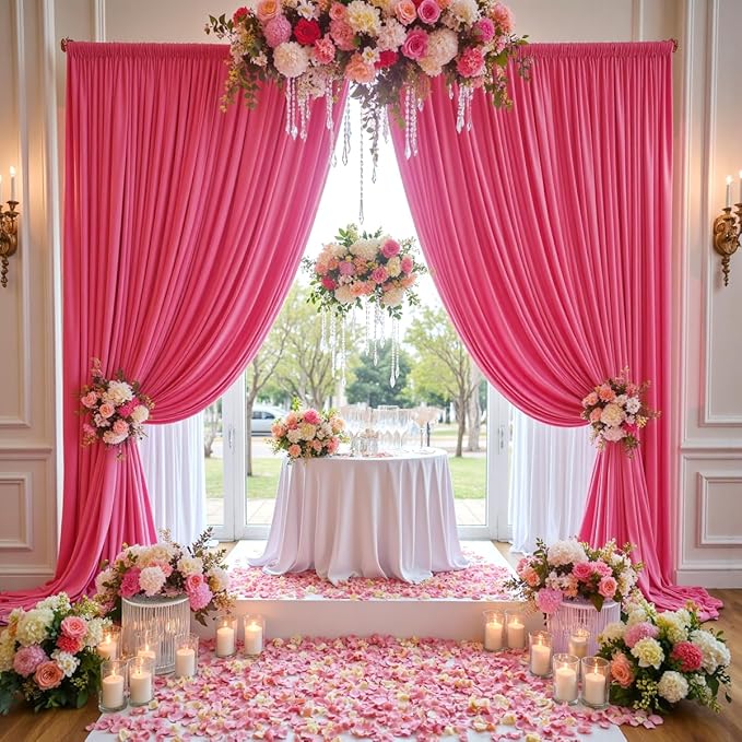 50 ft x 10 ft Wrinkle Free Fuchsia Backdrop Curtain for Parties, 10Panels Polyester Hot Pink Photo Backdrop Drapes for Wedding Birthday Party Baby Shower