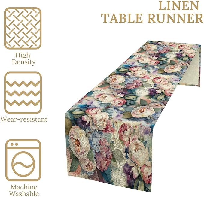 Vintage Floral Table Runner,Girls Women Rose Romantic Leaf Botanical Watercolor Pattern Print Burlap for Hotel Indoors Outdoor Dining Room Kitchen Holiday Party, 13x80in