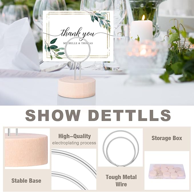 Table Number Holders Pack of 10 Metal Wire with Wooden Base for Better Stability Place Card Holders - Centerpieces, Picture Photo Sign Stands for Weddings, Party, Birthdays -Silver