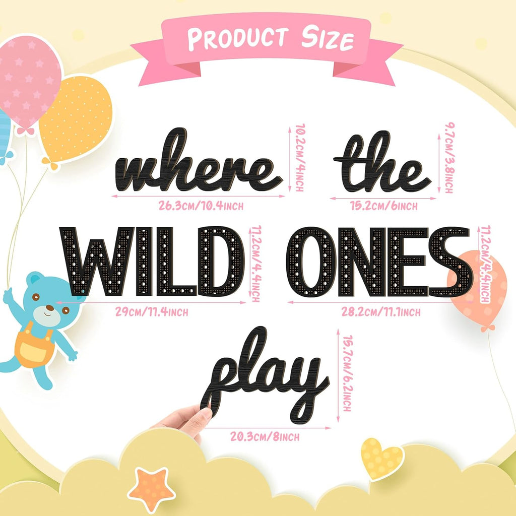 Beeveer Where the Wild Ones Play Nursery Sign Wooden Playroom Wall Decor Playroom Decoration Word Play Room Sign for Wall Plaques 11 Pcs(23 Inch,Black)