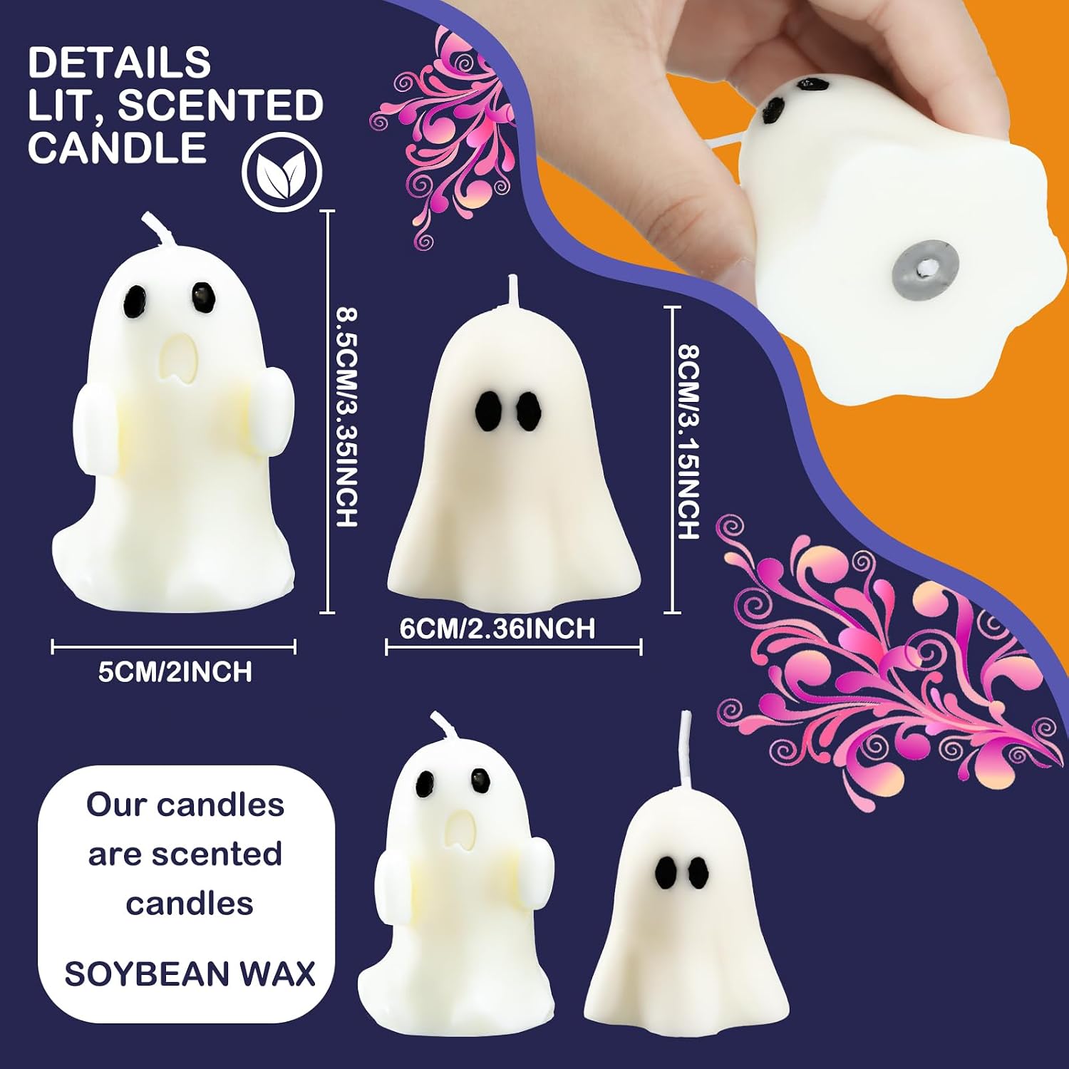 Minatee 4 Pieces Large Halloween Ghost Candles Cute Spooky Fall Decor Burning White Scented Wax Candles Gifts for Boo Basket Stuffers Halloween Room Table Indoor Decorations, 2 Style