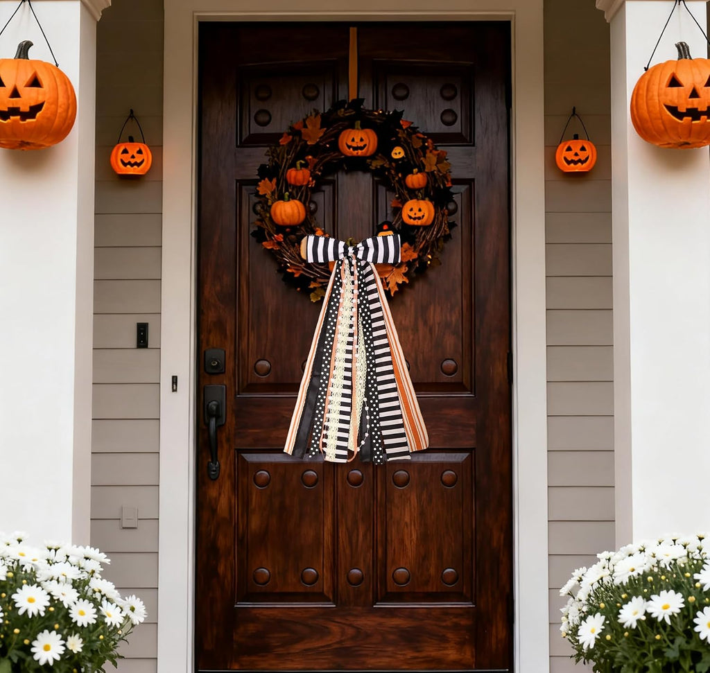 Halloween Black Stripes Wreath Bows for Front Door, Orange Lace Ribbon Bowknot Holiday Bows Accessories for Wreath Thanksgiving Decorations