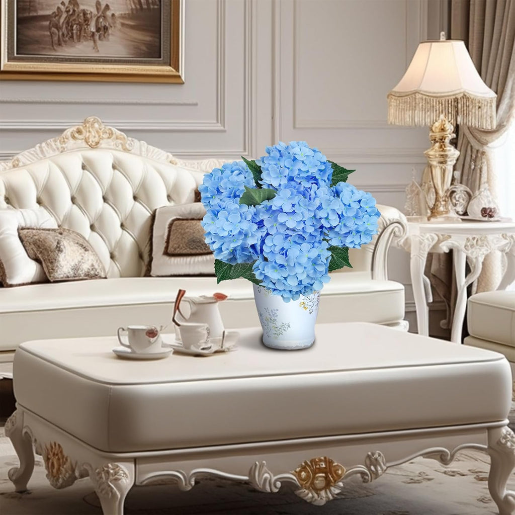 6PCS Premium Blue Silk Hydrangea Artificial Flowers Bouquets - Realistic Fake Hydrangea with Stems, Faux Flower Arrangement for Home Wedding Party Baby Shower Table Centerpieces Decoration
