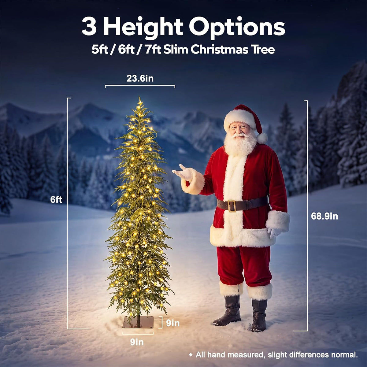 verinatural 6ft prelit christmas tree with lights, skinny showing dimensions