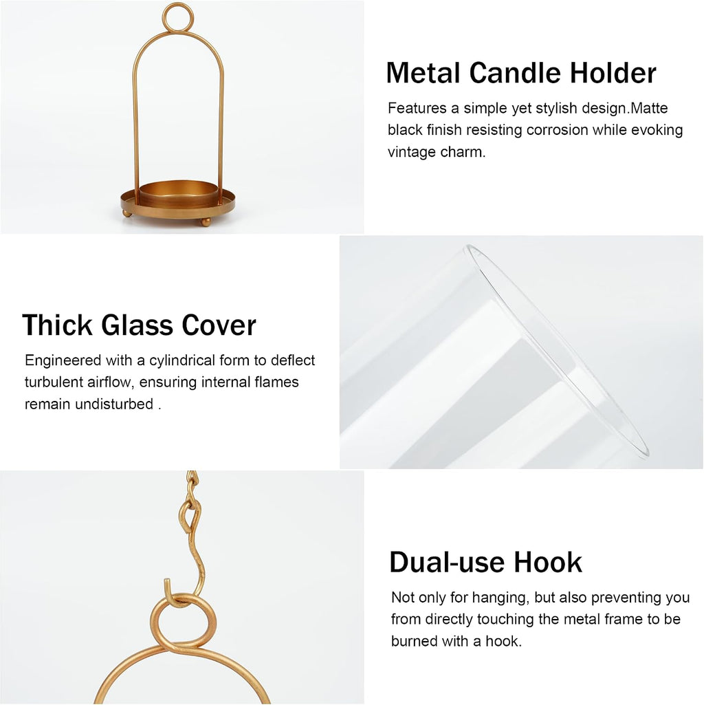 Glass Hurricane Candle Holder Decorative Gold Candle Lantern, Pillar Candlestick Holders Set of 2, Hanging Metal Holder Modern Table Centerpieces, Antique Brass