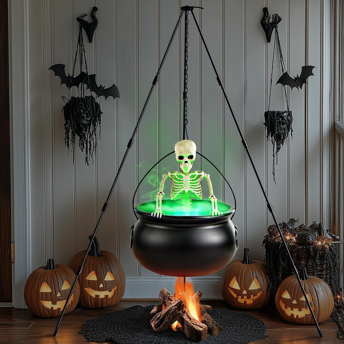 halloween decorations outdoor witch cauldron tripod with fog on a desk or shelf