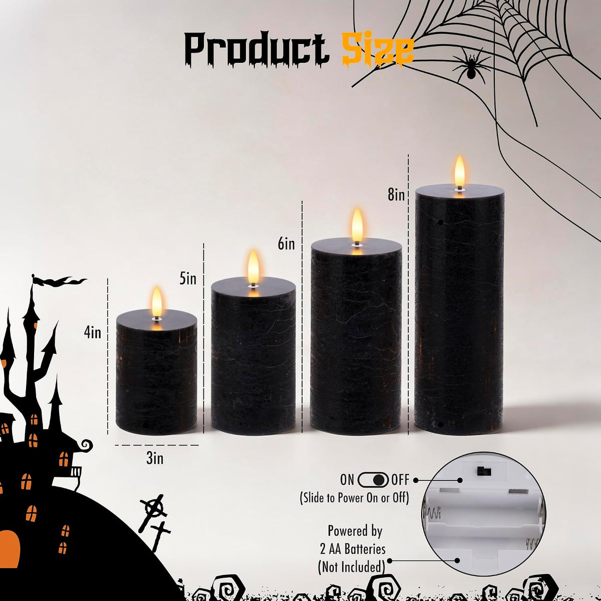 Black Flickering Flameless Candles, Real Wax Halloween Pillar Candles