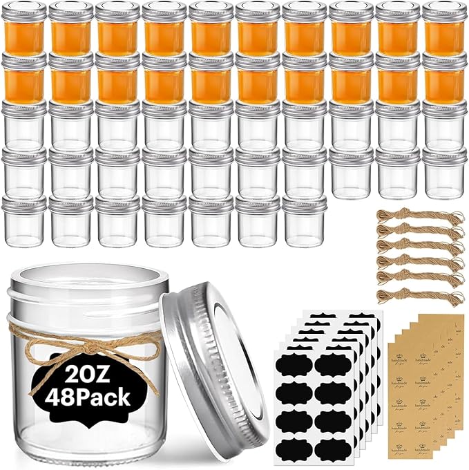 ComSaf Small Mason Jars 2 oz, 48 Pcs Mini Mason Containers, Small Canning Jars, Mini Glass Jar with Lids for Ginger Shots, Honey, Jams, Sauces, Spices, DIY Candle Decor, Wedding & Baby Shower Favors