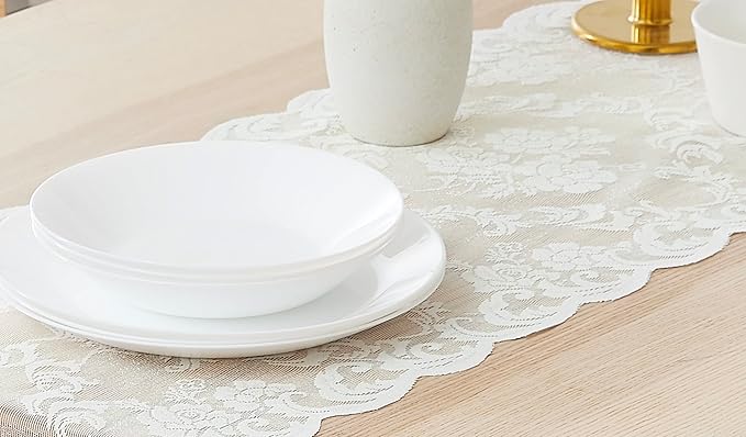 LinenZone Ivory Table Runner with 2 Tassels for Rustic Vintage Decor. Lace Table Runner Works Great As Wedding, Thanksgiving, Christmas Decor (Mia 14 x 96, Ivory)