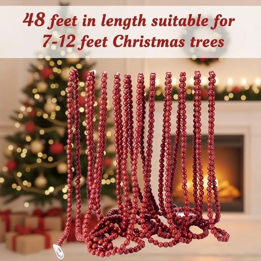 48ft extra long christmas wood bead garland for, close-up detail