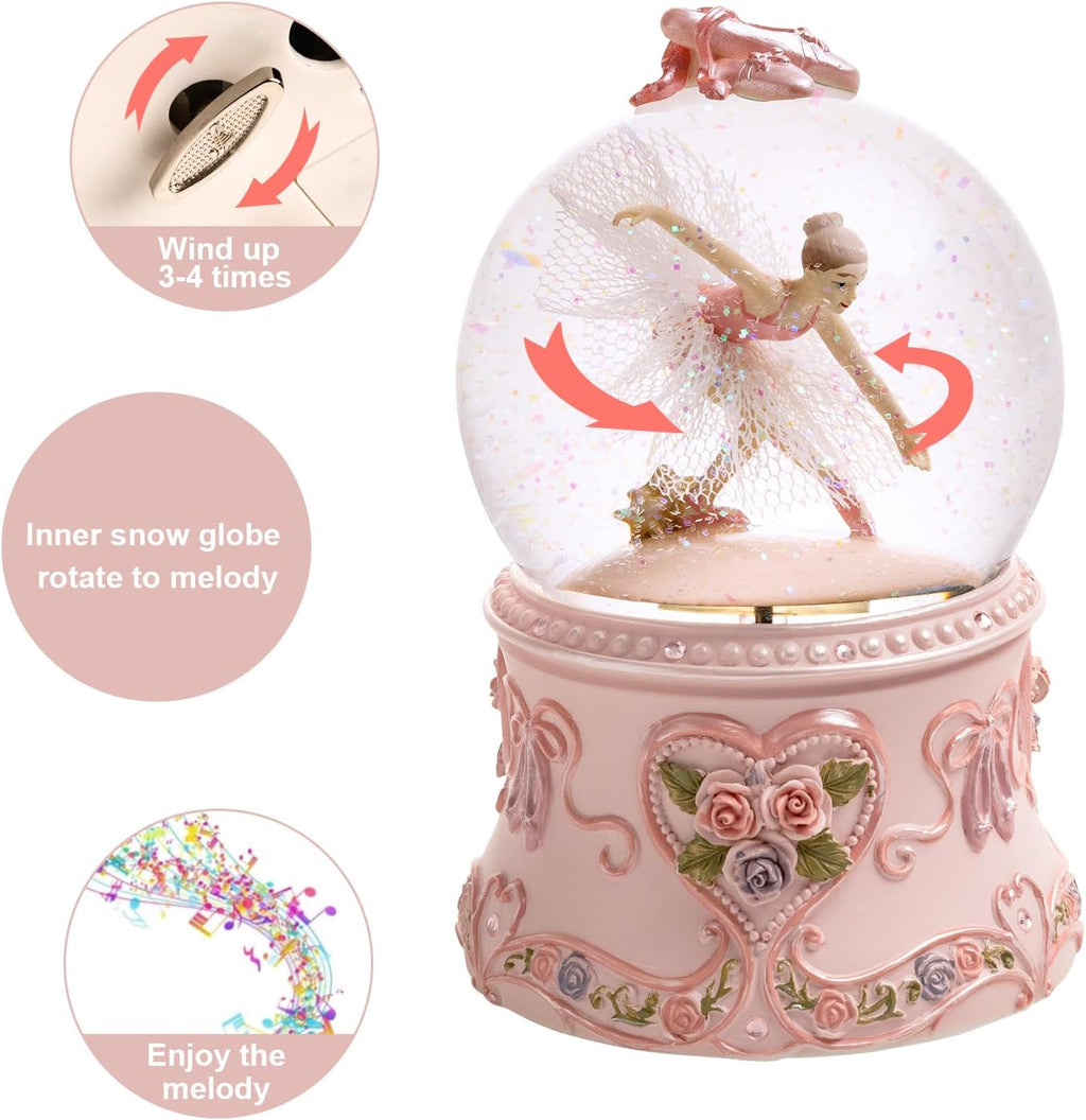 Ballerina Snow Globe Music Box with LED Lights – Classic Ballet Dancer Gift, Clear Glass Globe, Perfect for Ballet Lovers, with Music The Blue Danube